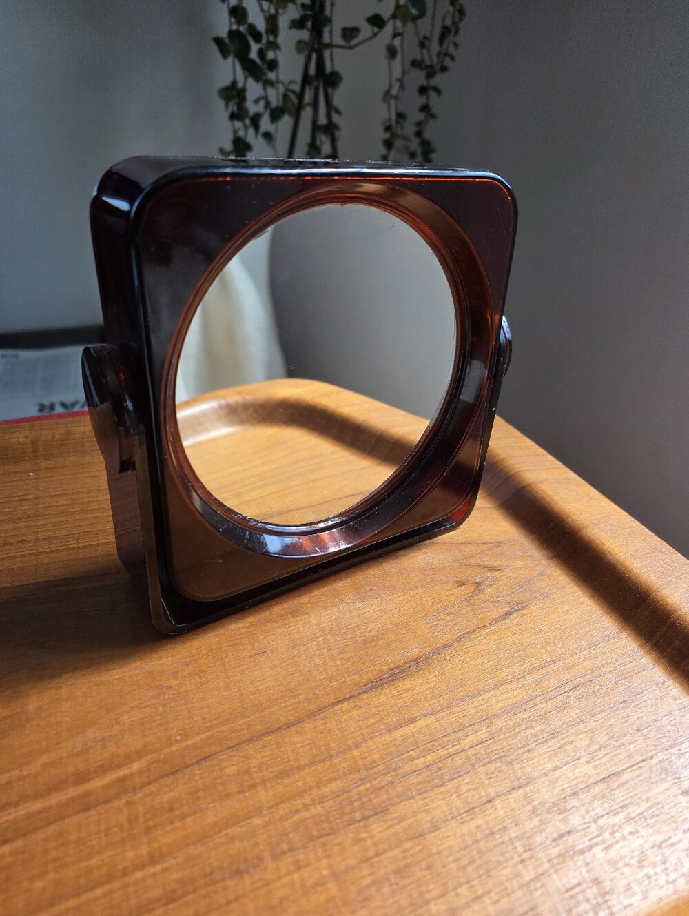 Vintage 1970s tortoise brown acrylic swivel tabletop vanity mirror